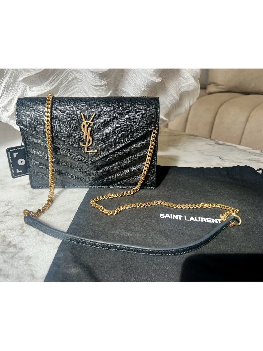 YSL Saint Laurent Black Gold Grained Cassandre Envelope Crossbody Clutch - Picture 2 of 6